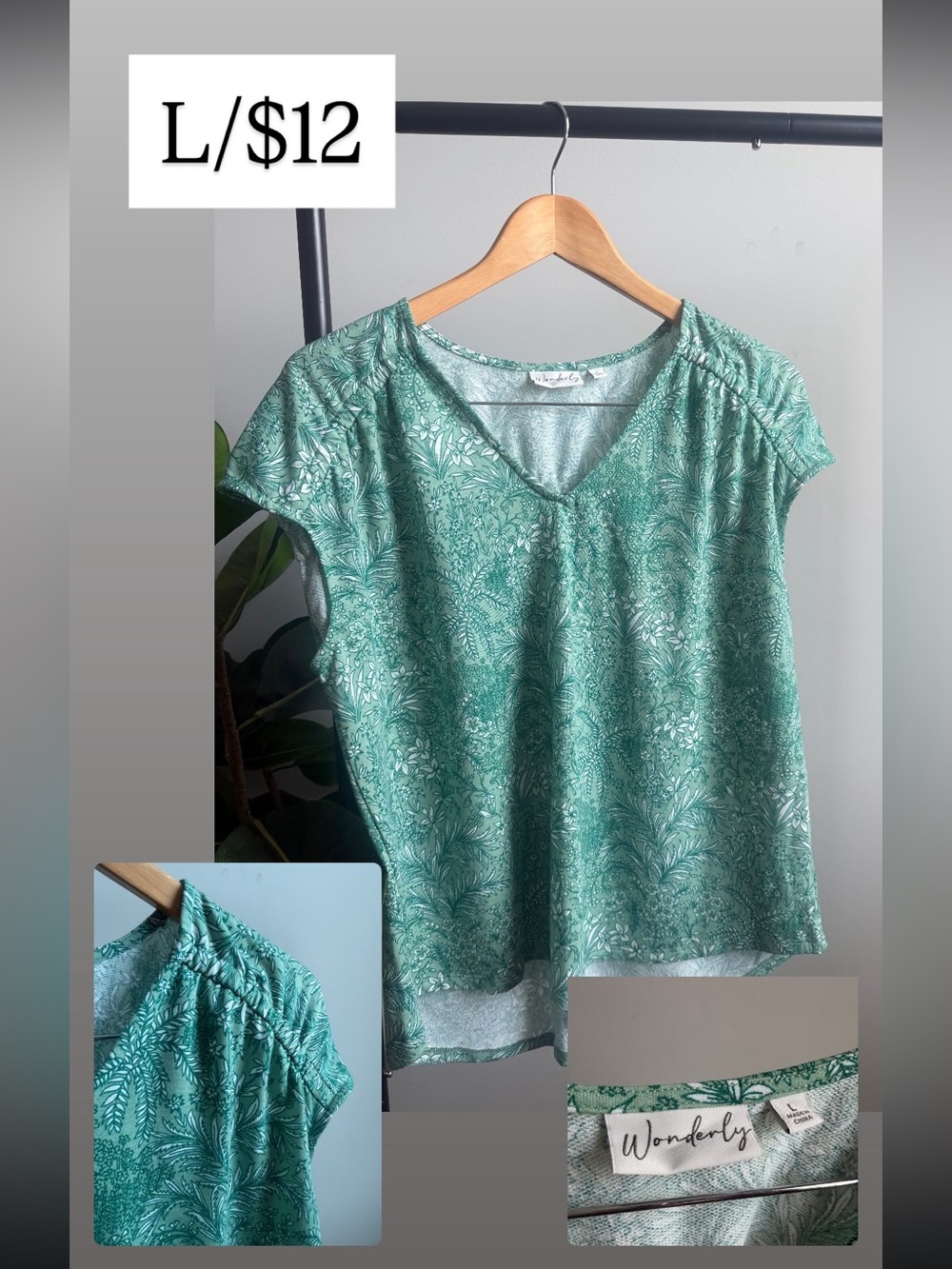 Wonderly Teal Green Printed V-Neck Short Sleeve Blouse